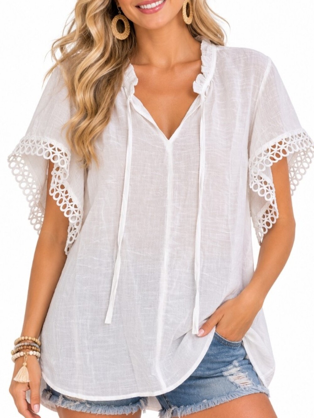 White Crochet Sleeve Peasant Blouse Semi Sheer 2X Cottagecore